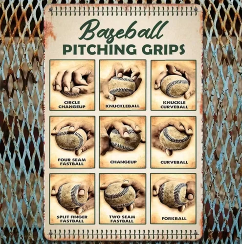 NEW 2D 8"x12" Fun Vintage Baseball 12 Pitching Grips - Metal Novelty Sign.