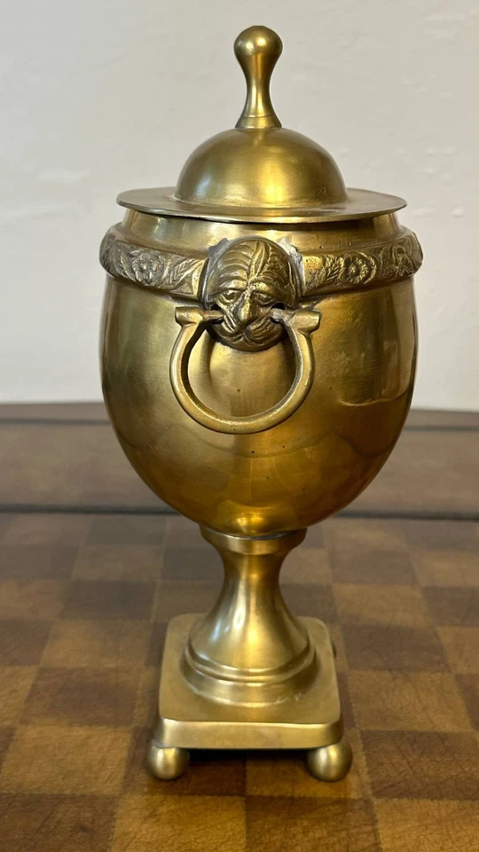 Vintage Brass Urn with Lion Head Handles and Lid 11.5" Height - Image 3 of 4