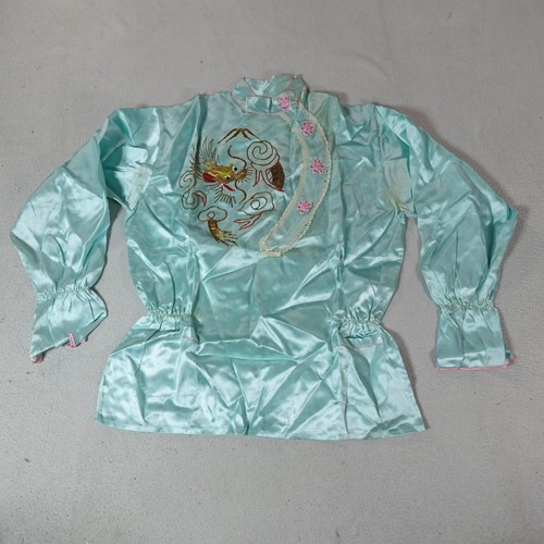 Vintage Asian Jacket Womens Medium Blue Dragon Embroidered Satin Floral 90s Top