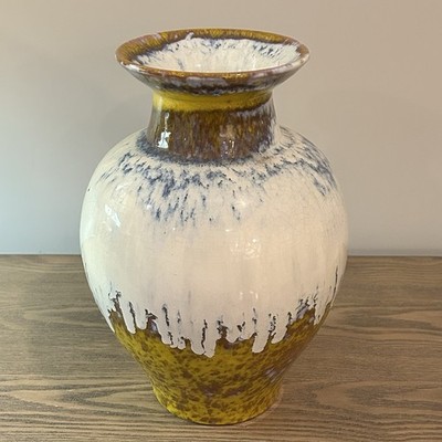 Italian Raymor Ceramic Yellow White Drip Glaze Vase 10.5  Alvino Bagni