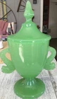 Vintage Fenton Clambroth Jadeite Glass #1532 Double Dolphin Handle covered Candy
