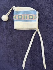 Vintage White Knit Toddler Infant Girl Knit Winter Pom Pom Hat w/Ties