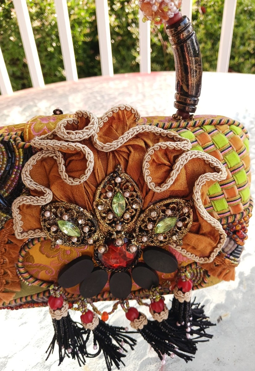 Mary Frances Green & Gold Beaded Satin Patchwork Satchel With