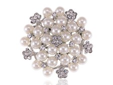 White Brooch Flower Pin Rhinestones Faux Pearl Women Party Wedding Jewelry Party
