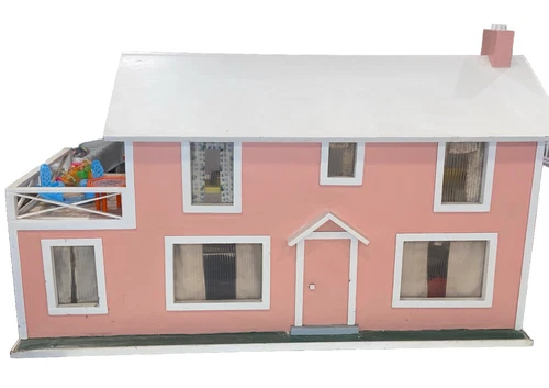 Vintage Wooden Doll House With Accessories Included 18.5” Tall and 33.5” Length