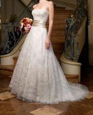 Casablanca Bridal Dazzling 1971 Dress 12 Ivory Tulle Lace Champagne Sash 1,800