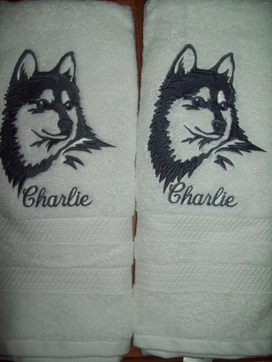 SIBERIAN HUSKY DOG Cute Bathroom SET OF 2 HAND TOWELS EMBROIDERED  PERSONALIZED