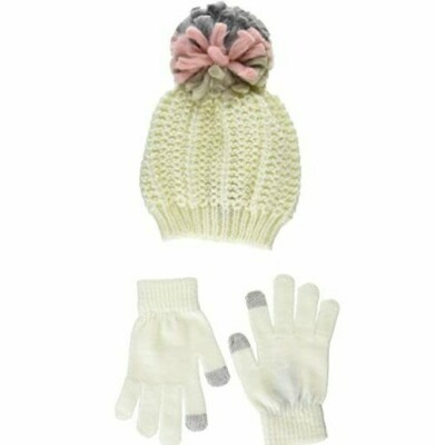 Steve Madden Chunky Pom Pom Hat with Etouch Glove Set   Neutral/Pink/Grey