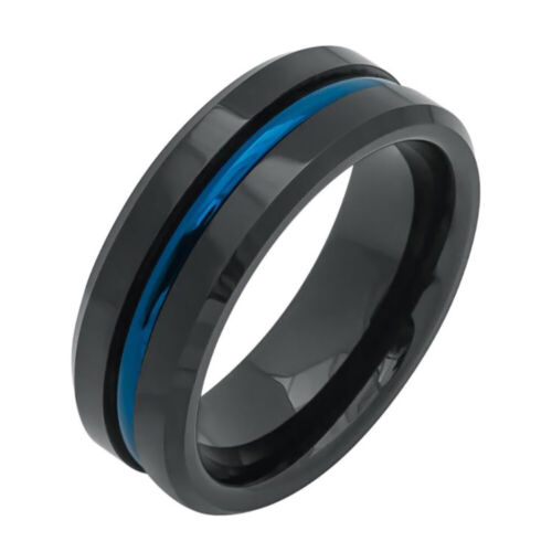 Men Women 8MM Comfort Fit Carbide Wedding Band Blue IP Black Tungsten Ring - Afbeelding 1 van 4