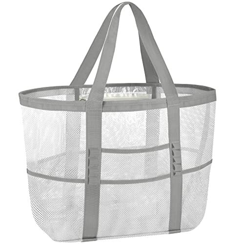 Large Beach Bag Pool Bags Mesh Beach Tote For Toys Towel Flip Flops White