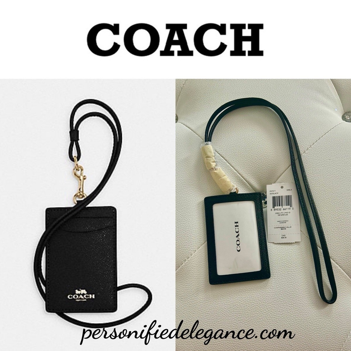 ツーちゃんです。 NEW Coach Black Crossgrain Leather ID Lanyard Document Holder $68