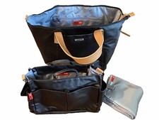 Storksak Diaper Bag Black Brown Leather Handles Tote Modern Insert Changing Mat
