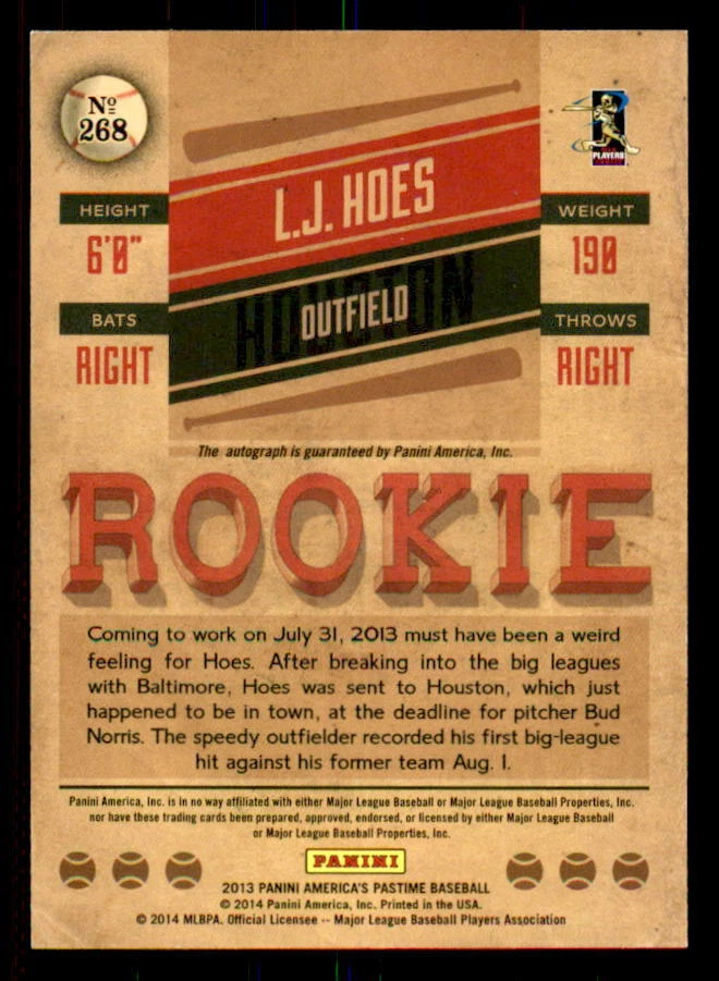 2013 Panini America's Pastime Gold #268 L.J. Hoes Rookie Auto #/25 (ref 31070) - Image 2 of 2