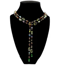 STUNNING LARIAT NECKLACE POURED GLASS & FACTED CRYSTAL BEADS LNG TIE FRONT/ BACK