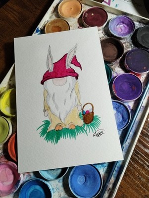 Original Hand Drawn Easter Gnome Marker Art 4x6 OOAK Hot Pink Bunny Ears Signed