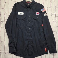 Bulwark FR iQ Series Men Navy Flame Resistant Work Shirt USA Marathon Patch Sz L