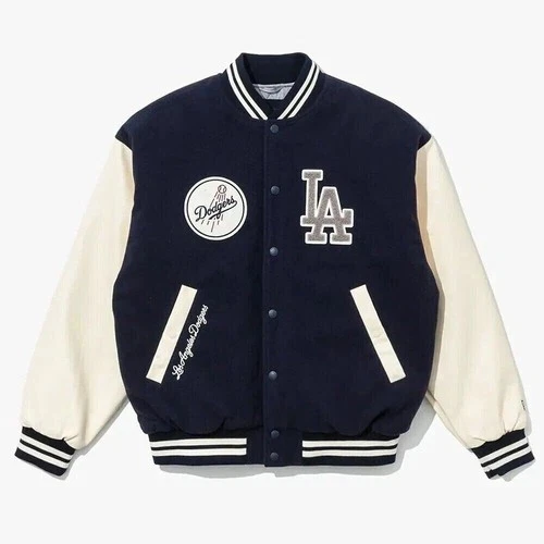 Men's LA Dodgers Blue Wool & White Sleeves Jacket Baseball  Varsity Jacket video thumbnail