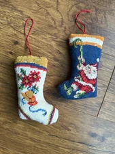Set of 2 Vintage Needlepoint Christmas Mini Stocking Santa Bells, 5”
