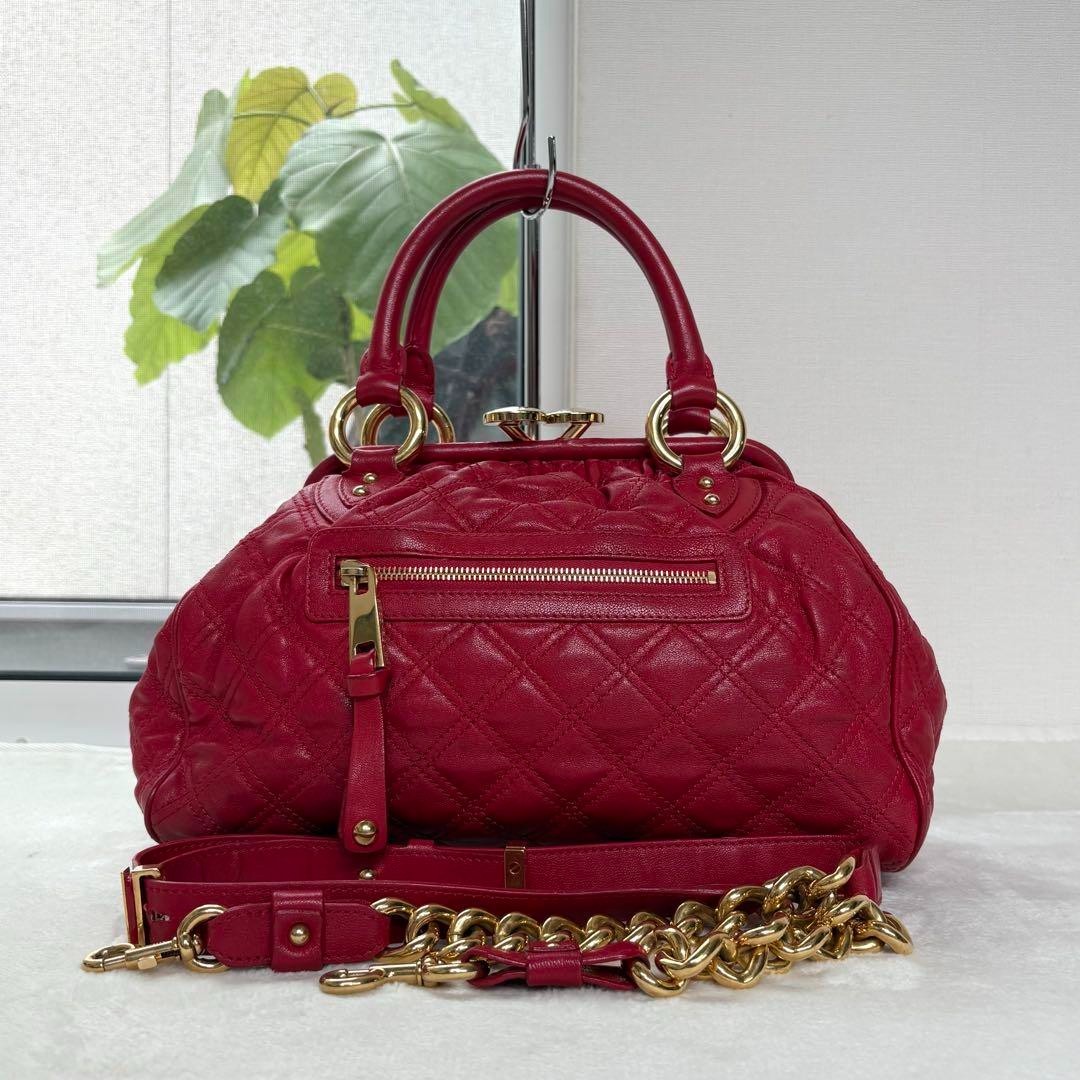 MARC JACOBS The Stam Red Quilted Leather 2WAY Handbag Shoulder Bag Gold  Chain