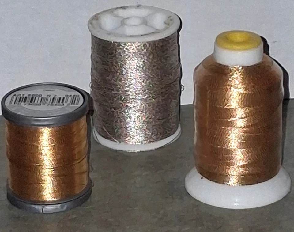 Lot of 3 Metallic Threads, 2 Gold 1 Silver Spools Mostly Full - Image 3 of 4