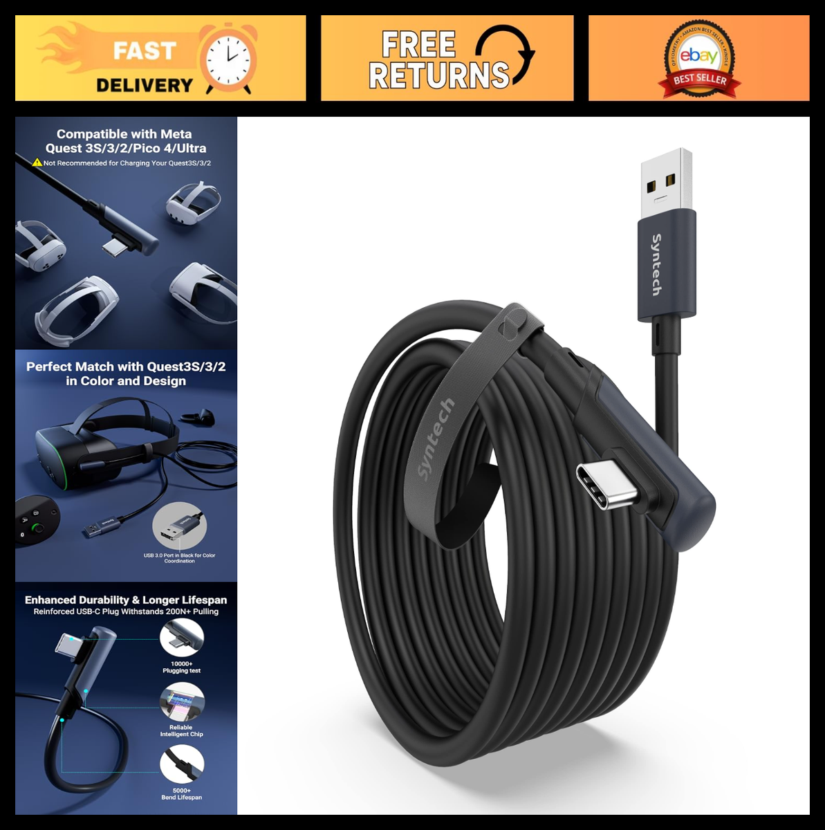 16FT USB 3.0 Link Cable for Oculus Quest 3/2, Pico 4, VR PC Data