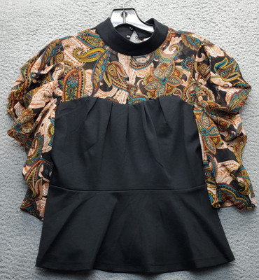 New York & Company Blouse Top Womens Small Multi Paisley Pleated Puff Sleeve