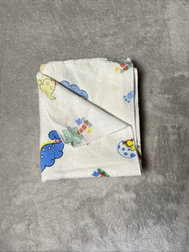 Vintage Dinosaur Baby Flannel Receiving Blanket Blue Yellow Red Dino Palm Tree - Image 2 of 3