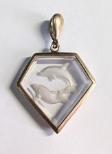 Vintage Solid Silver & Etched Dolphins Cut Glass Pendant