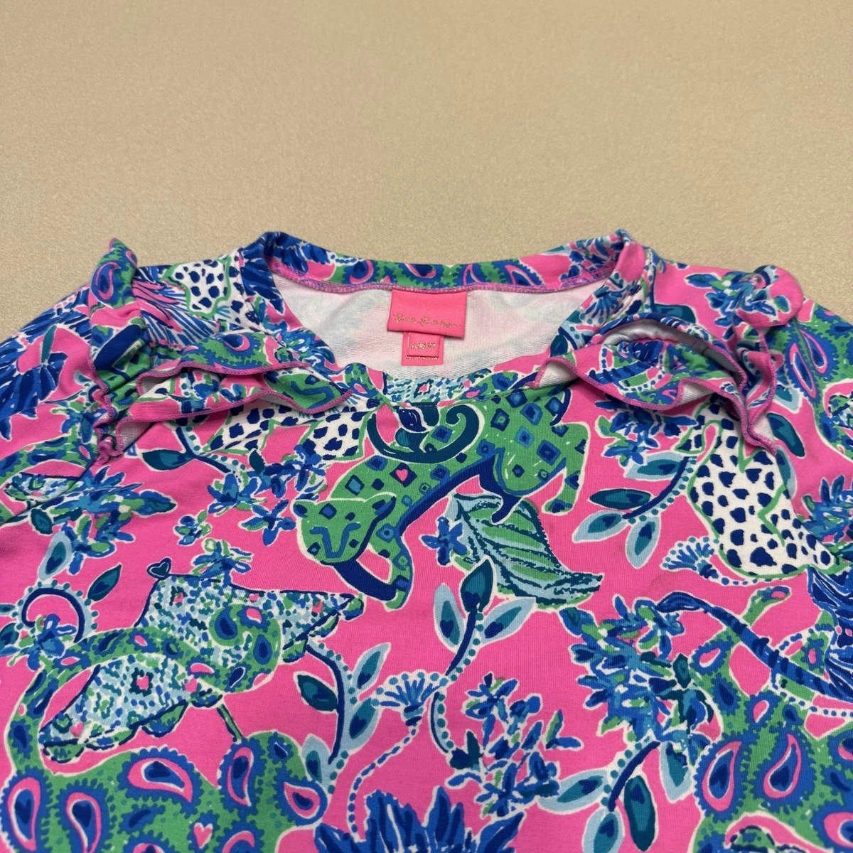 Lilly Pulitzer Skipper Dress Girls XL(12-14) Zebra Elephant Jungle Ruffle