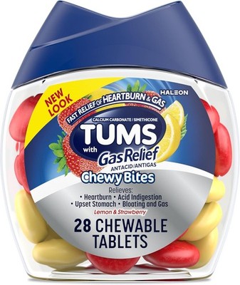 TUMS Chewy Bites Chewable Antacid Tablets with Gas Relief, Lemon & Strawberry -