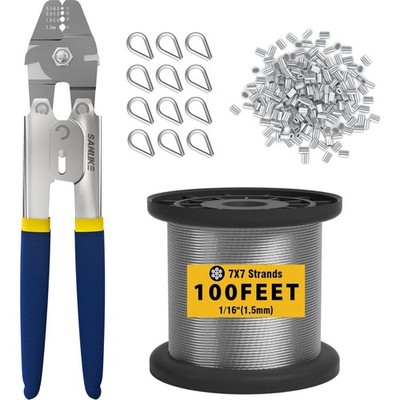 Wire Rope Crimping Tool Kit 100FT Stainless Steel Cable Home Marine Rigging