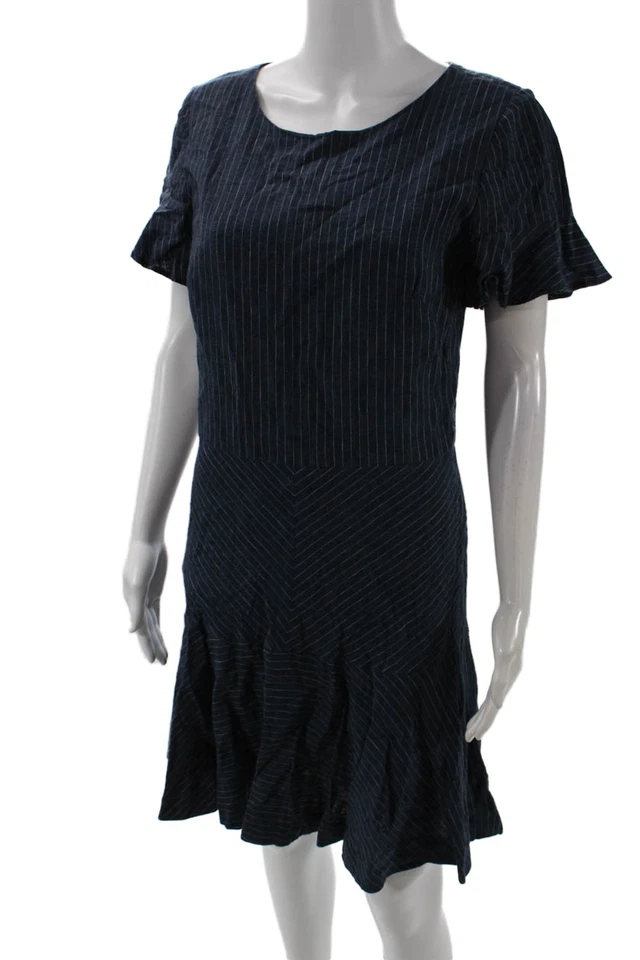 Vestido recto Banana Republic para mujer azul oscuro a rayas mezcla de lino midi talla 8 Foto 2 de 4