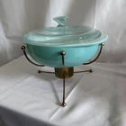 1956 UFO PYREX Turquoise Glass Round bowl with Sputnik cradle glass lid