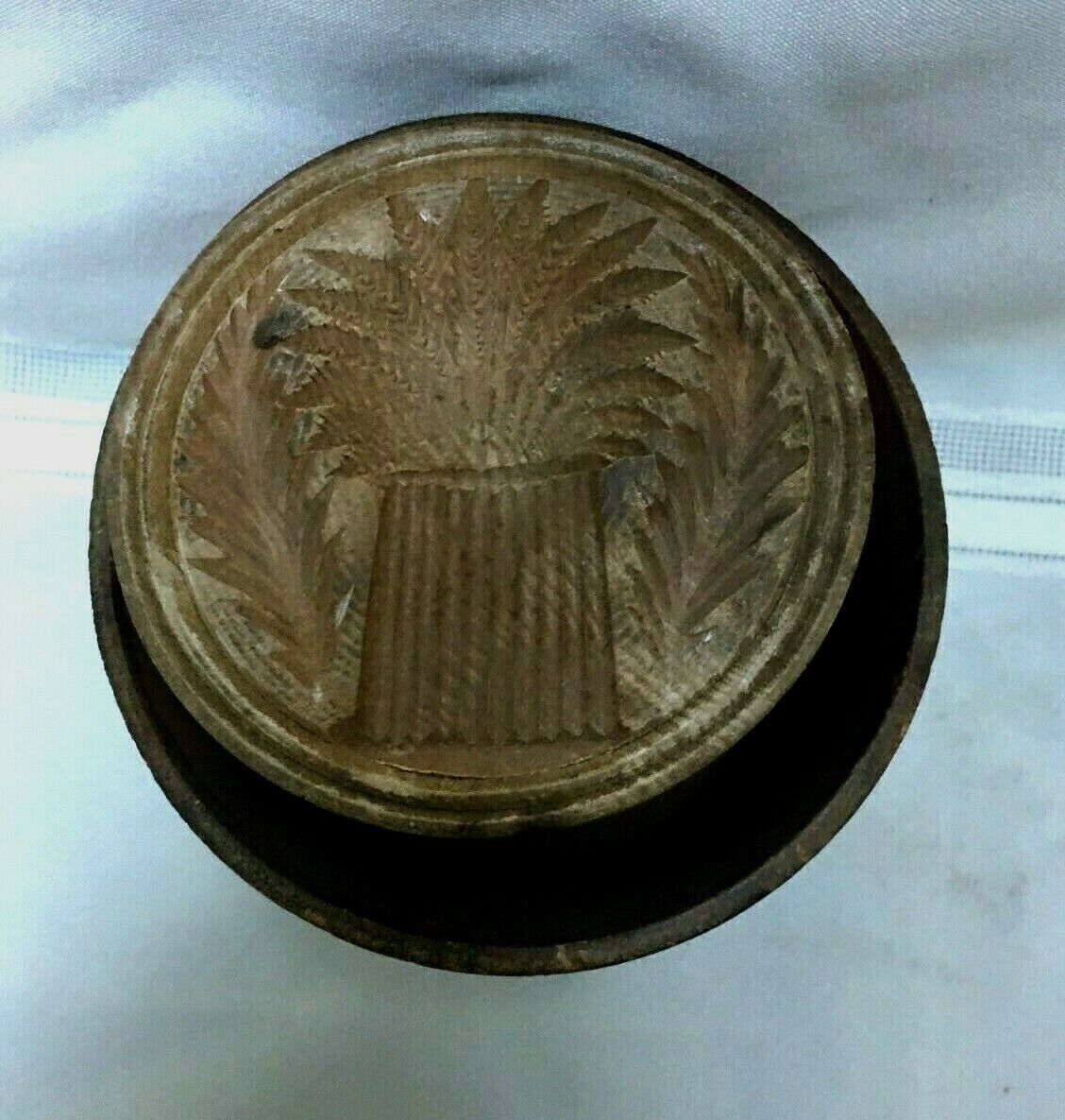 Large Antique Wooden Butter Mold Plunger Press-Carved Wheat Design-Early Patina