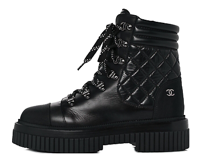 Chanel 21B Black Quilted Leather CC Platform Combat Lace Up Chanel 21B Black Quilted Leather CC Platform Combat Lace Up