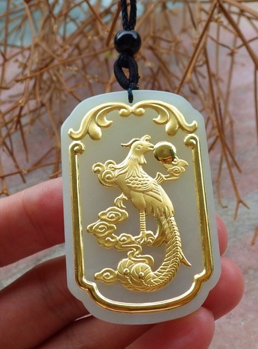 Certified 24K Yellow Gold Hetian Nephrite Natural Jade Phoenix Rectangle - Picture 1 of 8