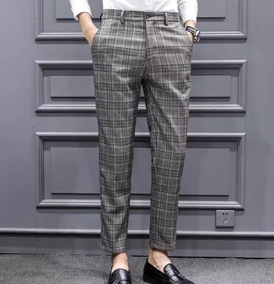 Korean Mens Plaid Pencil Pants Slim Fit Long Casual Formal