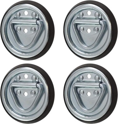 4 Pack D Ring Steel Tie-Downs - Floor Flush Surface Mount with Black Bases NEW