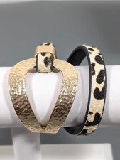 Cheetah Animal Print Faux Fur Gold Tone Hammered Wrap Bracelet 14 inch Boho