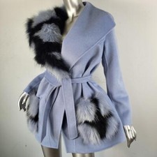 $1295~co|te~42/m/l~italy~blue Wool Real Genuine Black Raccoon Fur Coat Jacket