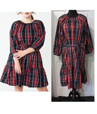 Draper James RSVP Dress Size 2X New Tags Tartan Plaid Tiered Tie Waist Pockets 