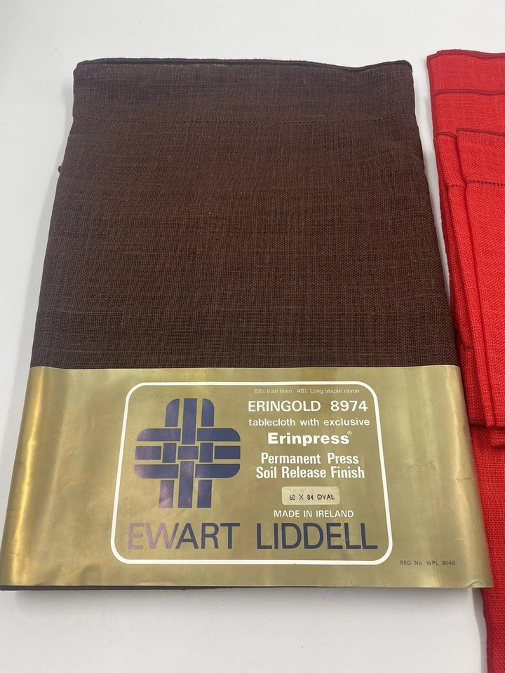 Vintage Linen Blend Table Cloth Brown 60”x84” Oval w/ Red Napkins Embroidered - Image 2 of 4