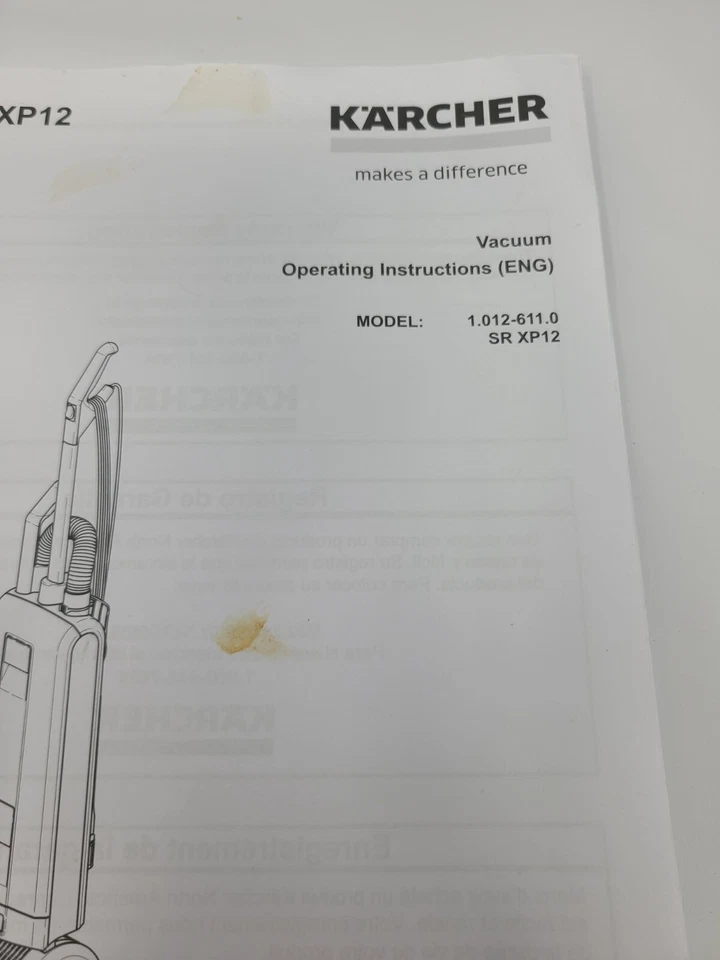 Karcher Sensor XP12 Commercial Vacuum Manual Model 1.012-611.0 SR XP12 - Image 2 of 3