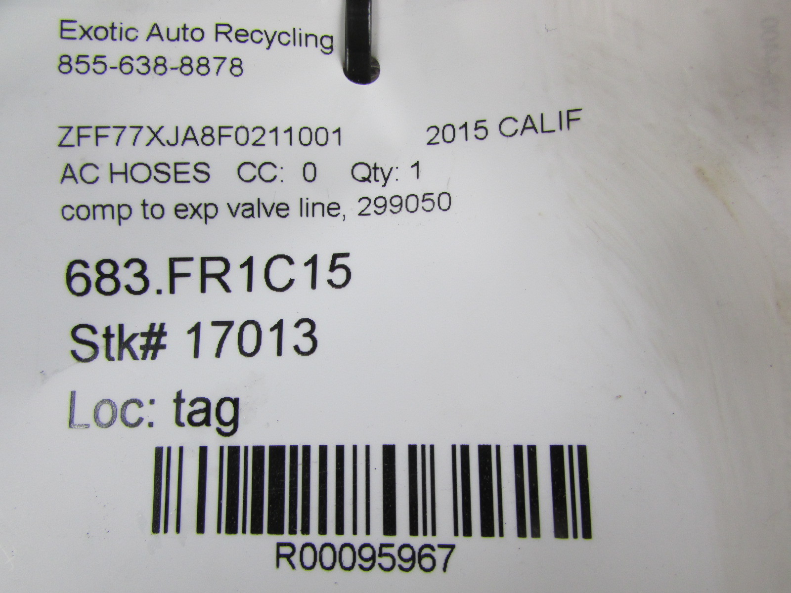 Ferrari California T, AC Compressor to Expansion Valve Line, Used, P/N 299050