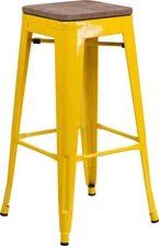30" Industrial Style Yellow Metal Bar Height Stool with Wood Seat