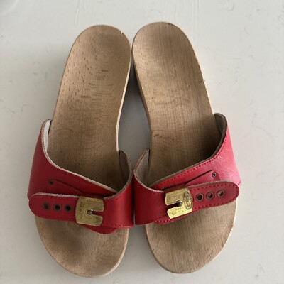 Vtg 70s Scholls Wood Exercise Sandals Size EU 37 Red Leather Austria  EUC