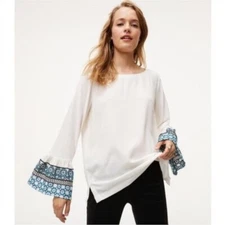 Loft White Embroidered Bell Sleeve Top Size L