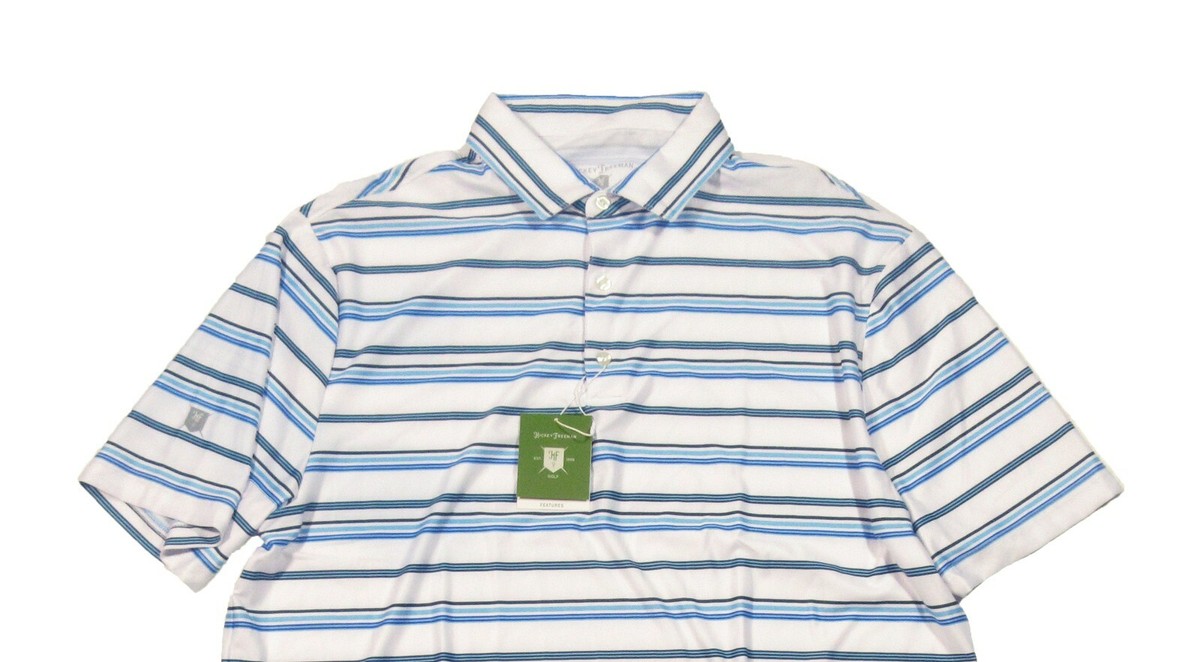 Hickey Freeman Men's White/Blue Striped Performance Short Sleeve
