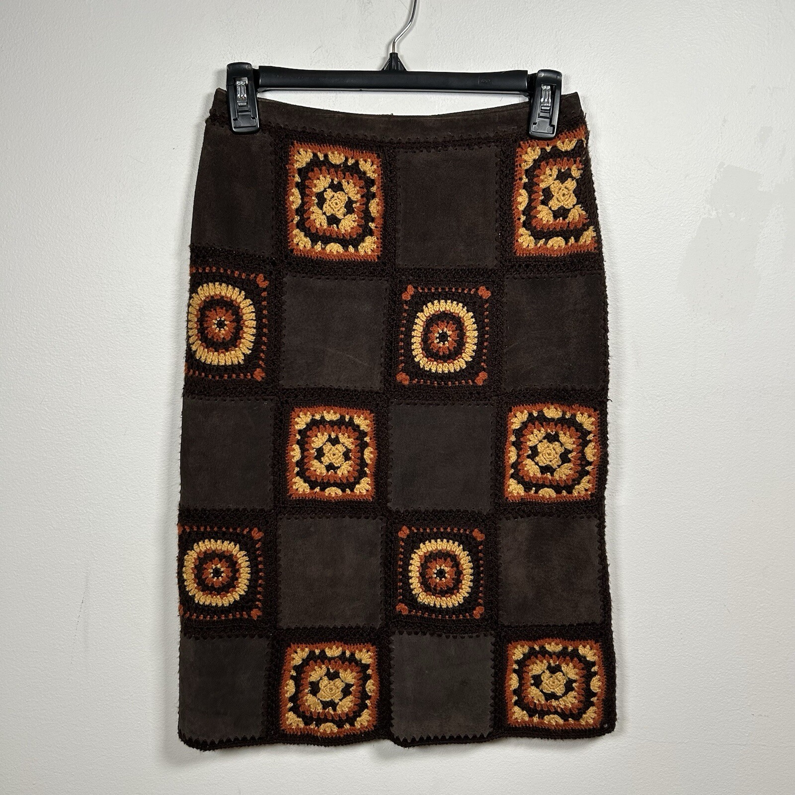 VTG Express 90’s Suede Crochet Patchwork Granny Square Midi Skirt Sz 1-2 RARE