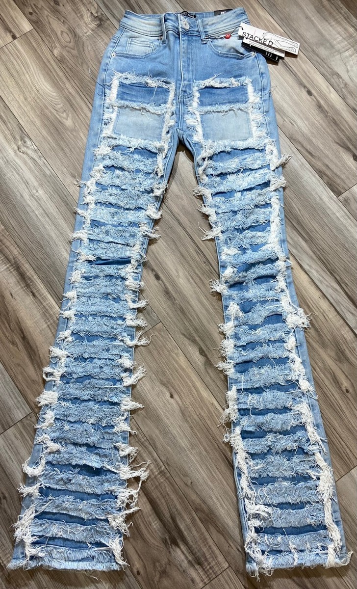 RED FOX WOMEN'S STACKED FRAYED HEAVY DENIM JEANS PANTS PA4436 (LT
